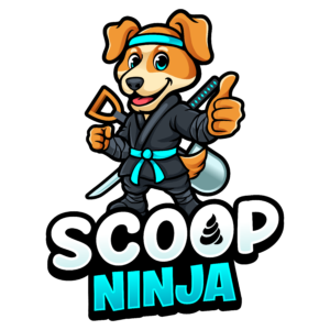 Scoop Ninja logo, cartoon of a dog holding a sword and a sword